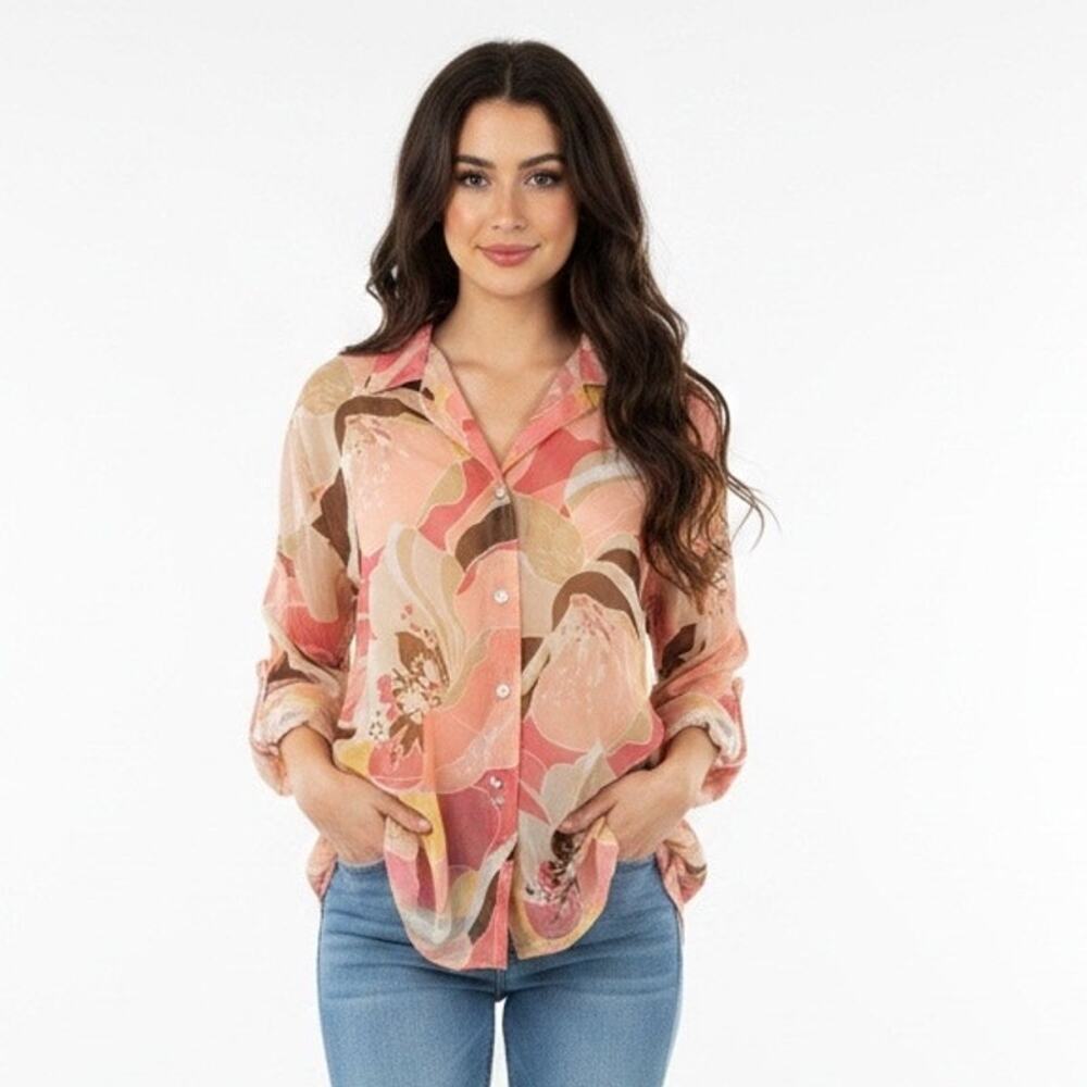 Alfred Dunner Floral Long Sleeve Sheer Chiffon Button Blouse 16 Summer Workwear